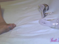 White bodysuit, glossy pantyhose, high heels