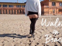 Wife masturbates until she cums behind a public beach near people walking