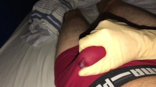 Teen massages his foreskin and cock and cums in his tight pants