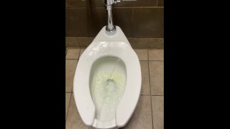 Naughty Piss Slut Makes an absolute Mess of a Public Bathroom with a Powerful Standing Piss
