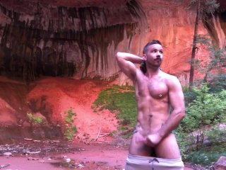 Cute jock jacking off in nature