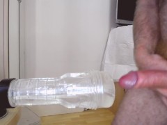 Cross in white fishnet gets a 8" Doc Johnson dildo to ass and his dick to Fleshlight Go Torque Ice