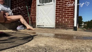 Desperately Power Pissing on my patio like a Naughty Slut, I barely got my pants off in time!