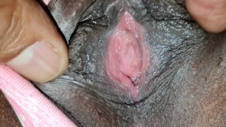 Close-Up Of A Wet Black Pussy In Natural Stained Panties