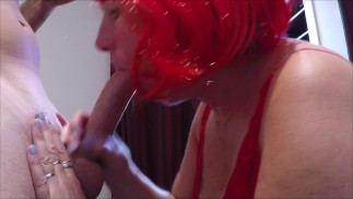 Suck me in red. Cumshot on. Cum on tits. Real amateur blowjob from my milf.