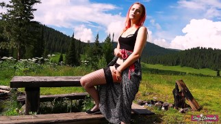 Redhead girl outdoor fingering pussy and orgasm | Public masturbation in nature