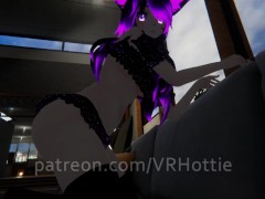 Purple Busty Cat Girl in Undies Gives Foot Job POV Lap Dance on Couch Under Boob