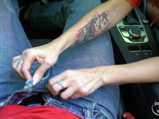 Hot slut shows tits, plays with pussy and sucks in the_cabriolet