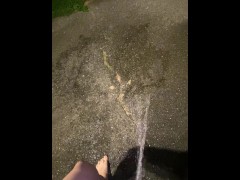 Desperate Pee Girl Sprays her Driveway with multiple huge Pee streams