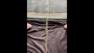 Strong Yellow Morning Piss Is Sprayed Down A Window By Filthy Piss Slut
