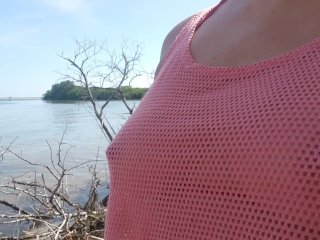 Microbikini with mesh tank top at public beach, playing with my boobs in public