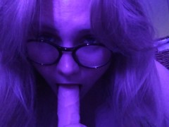 BBW wearing glasses deep throats dildo
