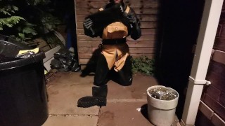 rain gear loser has a ruined orgasm outside and licks its pathetic mess in the cold dark night