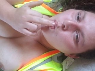 ad girl plays with self while on the job 