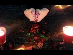 ASMR feet fetish video - teading and seductive feet playing with dried leaves, leather pants and glo