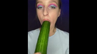 Drool Deep Throat While Testing The Little Mouth With A Massive Cucumber