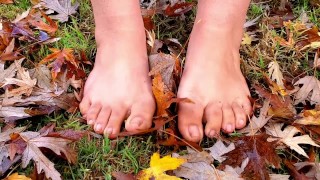 Blote voeten verse ochtendwandeling en bladeren knapperige ASMR
