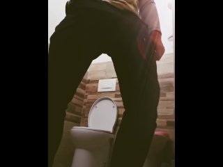 A guy with a big cock locked the toilet and masturbated. Long slow cumshot.