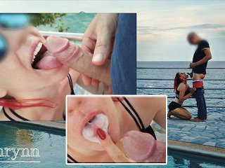 red head, oral creampie, outside, cum mouth
