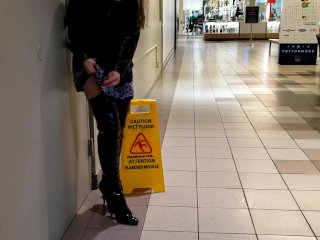 piss boots, mall, thigh high boots, outside