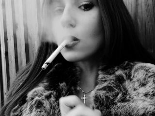 real smoking girl, smoking cigarette, leather fur, nose exhales