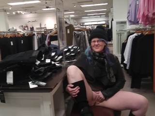 MILF Rubs Pussy in Busy Clothing Store