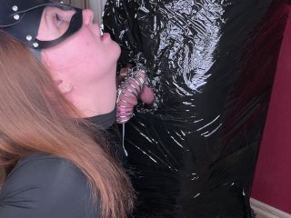 Plastic cling wrapped bondage cum in chastity cage and ruined again  Femdom