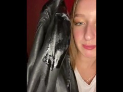 Leather jacket licking. Drooling 