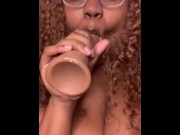 Preview 6 of Big Titty Ebony Sucks and Titty Fucks Herself With Big Dildo