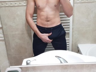 Hung boy jerks off in the mirror and huge cum shot