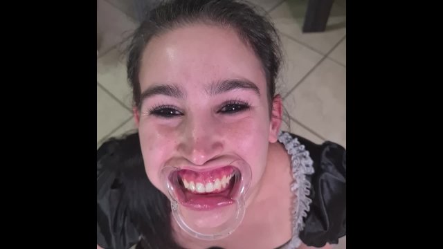 French maid tries to drink her own piss through lip retractor  funny fail