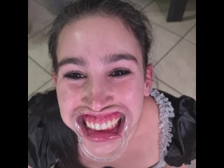 French Maid tries to Drink her own Piss through Lip Retractor | Funny Fail