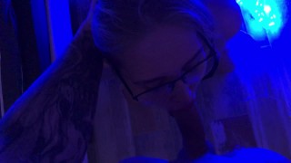 Sucking cock in glasses. doggie style. gets cum in her mouth