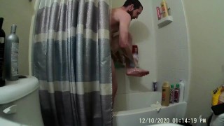 Slim White Male Jerk Off In The Shower
