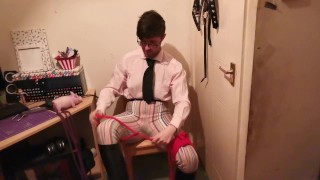 gagged loser gets stuck in rope self bondage while wearing ridingboots and jodhpurs
