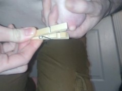 Pre Op Trans Man, Big Nipples Clothes Pin Clamped - Screenshot 2 of 16 - Nipple Clamps