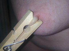 Pre Op Trans Man, Big Nipples Clothes Pin Clamped - Screenshot 8 of 16 - Nipple Clamps