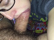 Preview 5 of Soft Sweet Mouth - Nerdy Girl Tongues Cock & Gets Painted With A Fat Load - Distance Cumshot!