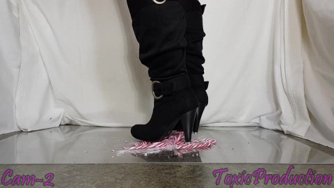 Girlfriend crushes candycane in metal tipped boots