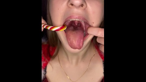 Candy gagging. Xmas underwear. Uvula show