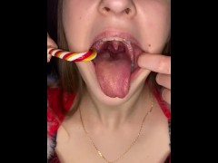 Candy gagging. Xmas underwear. Uvula show