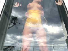 sexy real estate business woman used in a luxury villa - pressed tits on the window