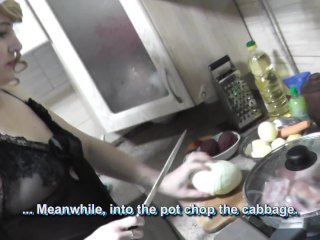 Naked kitchen. Milf DuBarry cooks in transparent peignoir no panties , shows boobs nipples pussy ass
