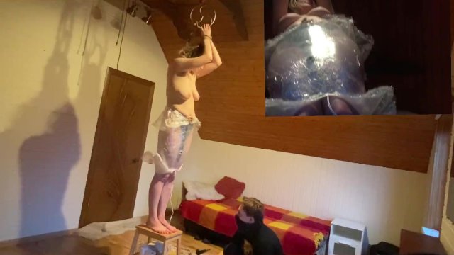 Watch Bondage Video:Mummification standing! Pussy vibrator and heater downstairs (lots of sweat)!