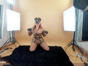 Preview 6 of Backstage from fetish photosession, spandex leopard print catsuit and leather thigh high boots