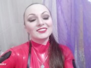Preview 1 of Latex Rubber Catsuit And Milk In The Bath. Leather Harness and Fetish Costume. Funny Video
