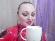 Preview 2 of Latex Rubber Catsuit And Milk In The Bath. Leather Harness and Fetish Costume. Funny Video