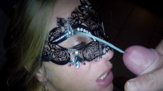 Masked blonde girl gets fucked in her ass and pussy end receives an eye facial