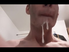 Swallowing and spitting out my cum after I gave my face a facial