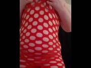 Preview 4 of Chubby College Girl in Red Fishnet Dress Twerks and Flashes her Tits